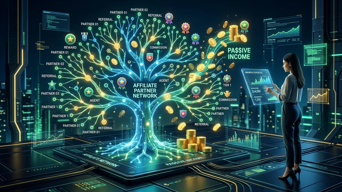Affiliate partner referral network tree with growth earnings