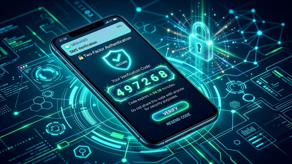 Smartphone screen displaying SMS OTP verification code and security shield